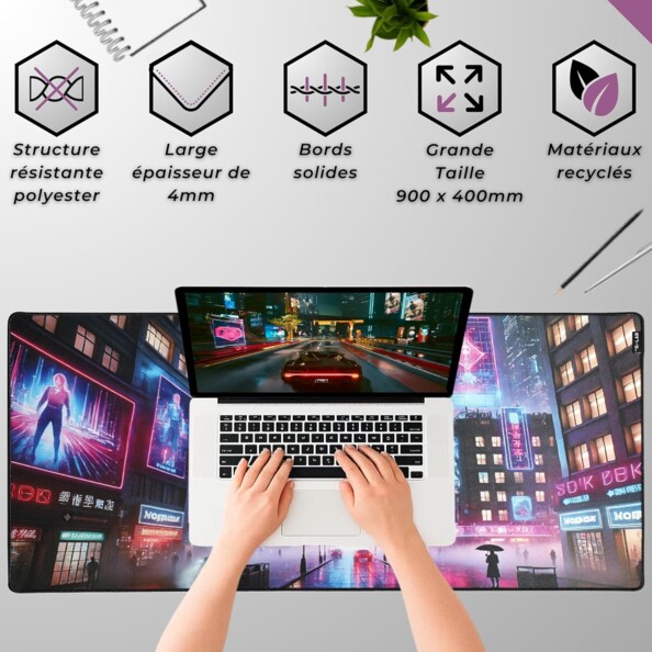 XXL-Gaming-Mauspad 900 x 400 mm mit vernähten Kanten – CYBERCITY
