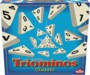 Boîte du jeu Triominos Classic Goliath avec tuiles triangulaires en explosion sur fond bleu